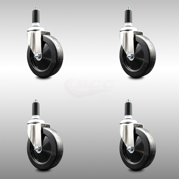 5 Inch 316SS Soft Rubber Wheel Swivel 1-1/4 Inch Expanding Stem Caster Set SCC